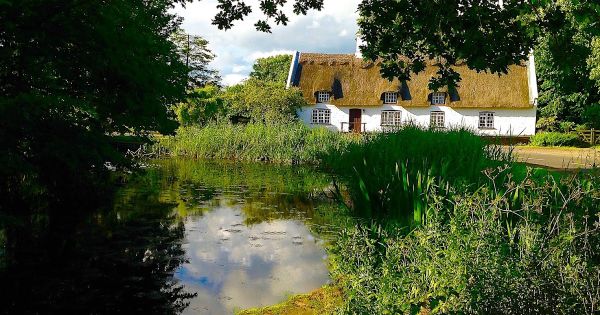 A view of a thatched cottage over looking the village pond in Woodhurst